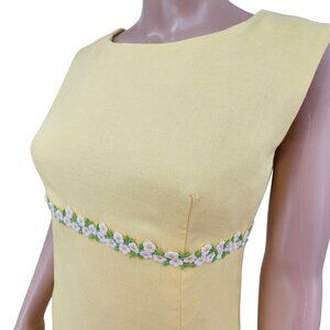 Vintage 1960s Yellow Sleeveless Maxi Dress With Floral Waistband Embroidery & Re